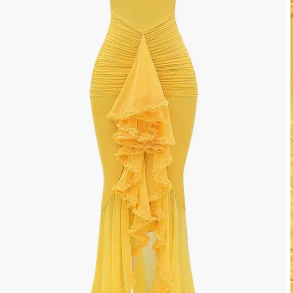 XS - House of CB London Yellow Ruffle Front Gown - Picture 3 of 5